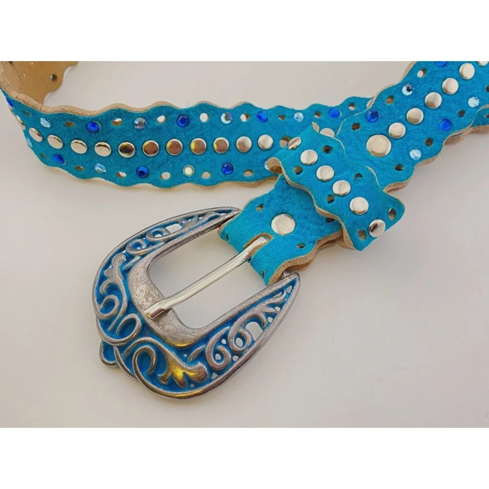 Vtg Leather Western Belt Womens S Rhinestone Studs Cowgirl Turquoise Blue Suede